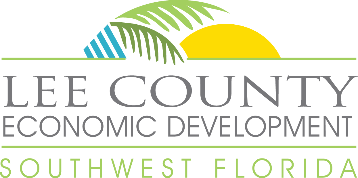 Lee County Economic Development Southwest Florida logo with a sun, palm fronds, and a blue water motif.